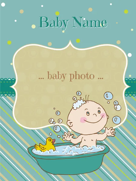 宝宝男孩的淋浴间和抵达卡-与您在 v 中的文本的地方 — 图库矢量图片