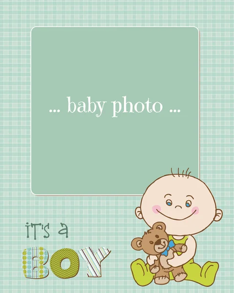 Baby Boy Ankunftskarte mit Fotorahmen im Vektor — Stockvektor