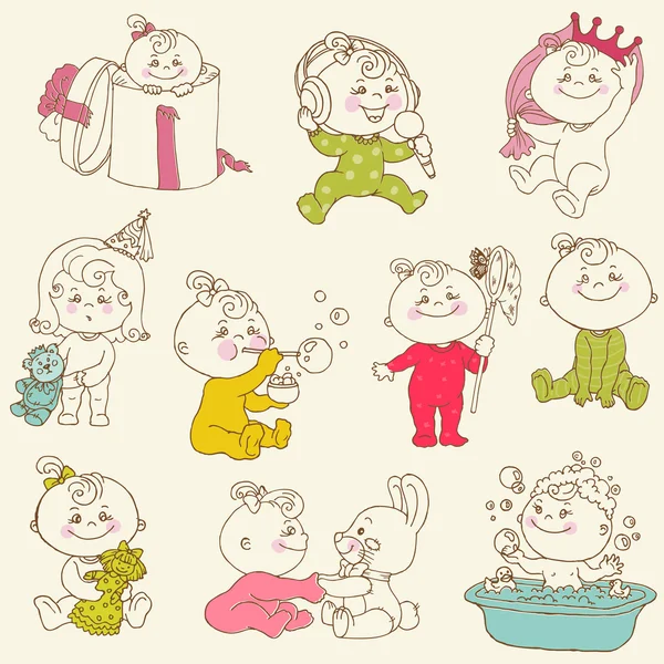 Baby Girl Cute Doodles - para diseño y álbum de recortes - en vector — Archivo Imágenes Vectoriales
