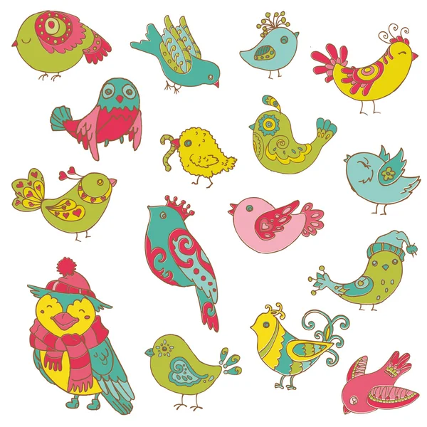 Collezione Colorful Birds Doodle - disegnata a mano in vettore - per de — Vettoriale Stock