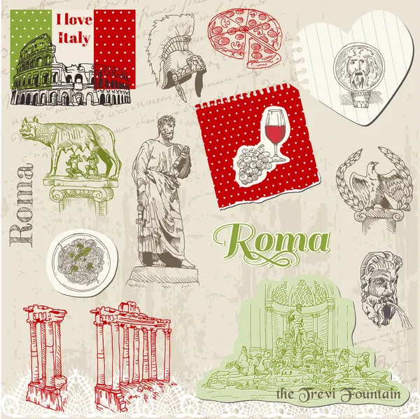 Conjunto de doodles de Roma - para desenho e scrapbook - desenhado à mão em v —  Vetores de Stock