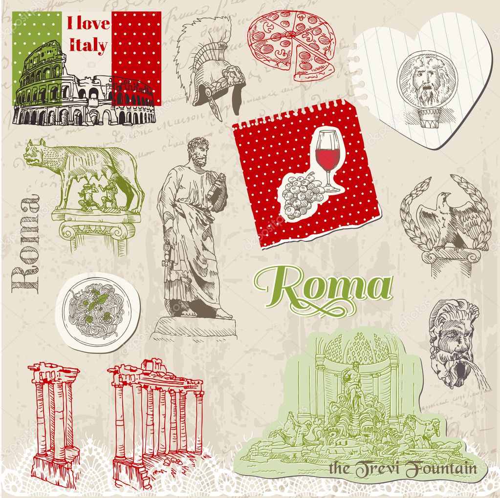 Set of Rome doodles - for design and scrapbook - hand drawn in v