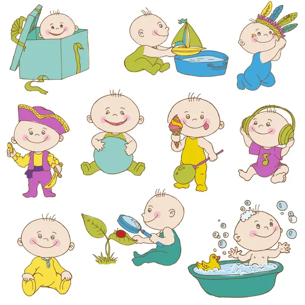 Erkek bebek seti - tasarım, karalama defteri, duş, ulaşım kartı için doodle — Stok Vektör