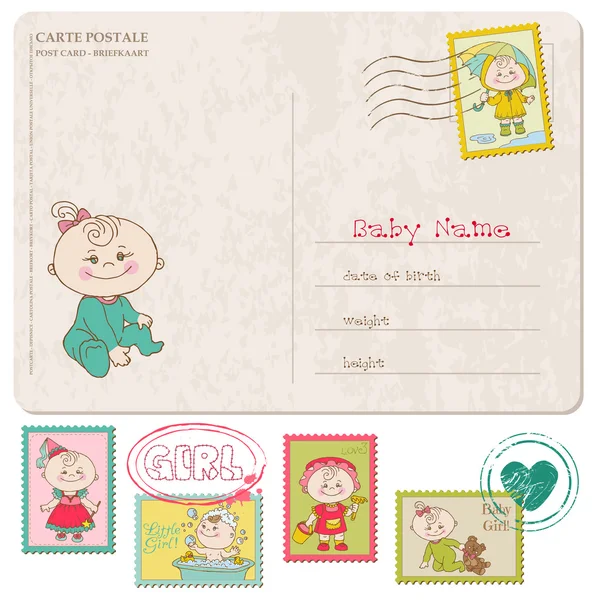 Baby flicka hälsningen postkorten med plats för foto och text — Stock vektor