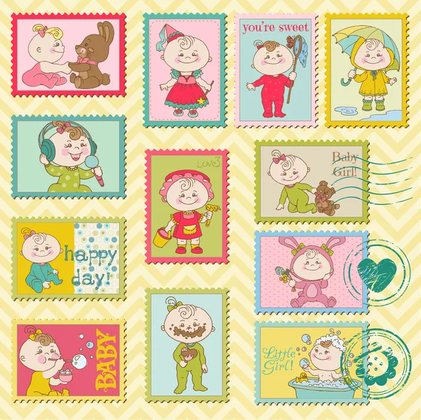 宝贝女孩邮票-为剪贴簿，向量中的邀请 — 图库矢量图片