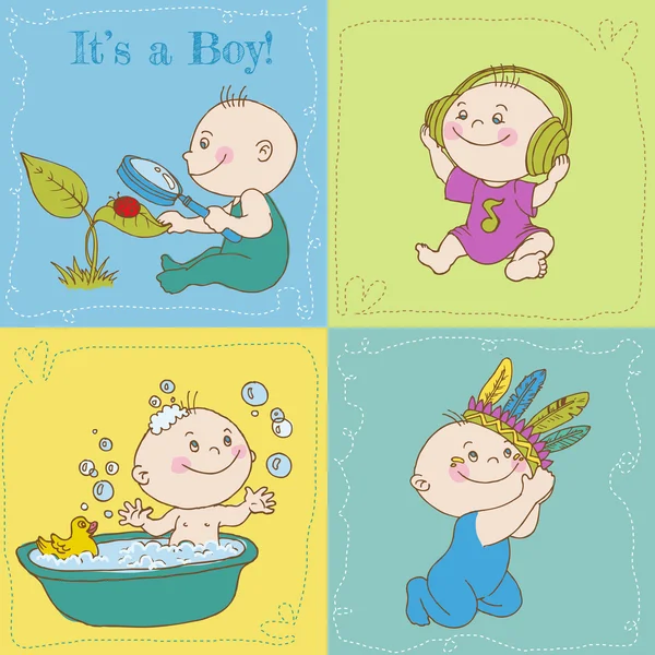 아기 소년 도착 카드 또는 벡터에서 베이비 샤워 카드- — 스톡 벡터