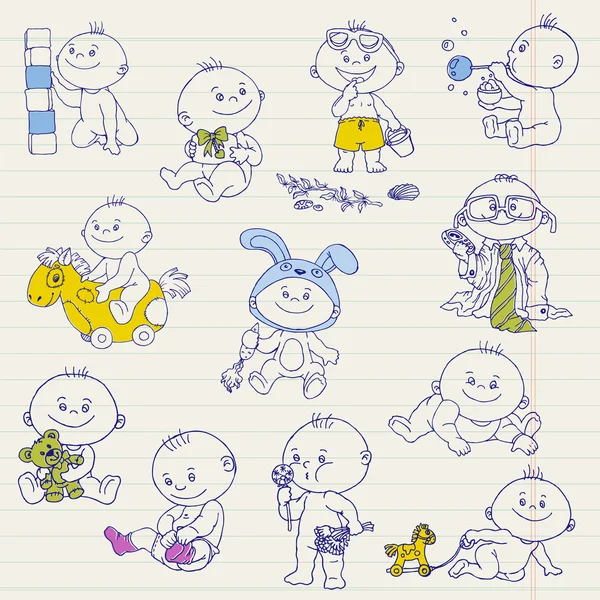 男の子の赤ちゃん落書きの設計、スクラップ ブック、シャワー カード ・ セット — ストックベクタ