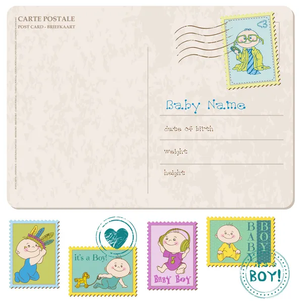 Carte d'arrivée bébé avec jeu de timbres - vectoriel — Image vectorielle