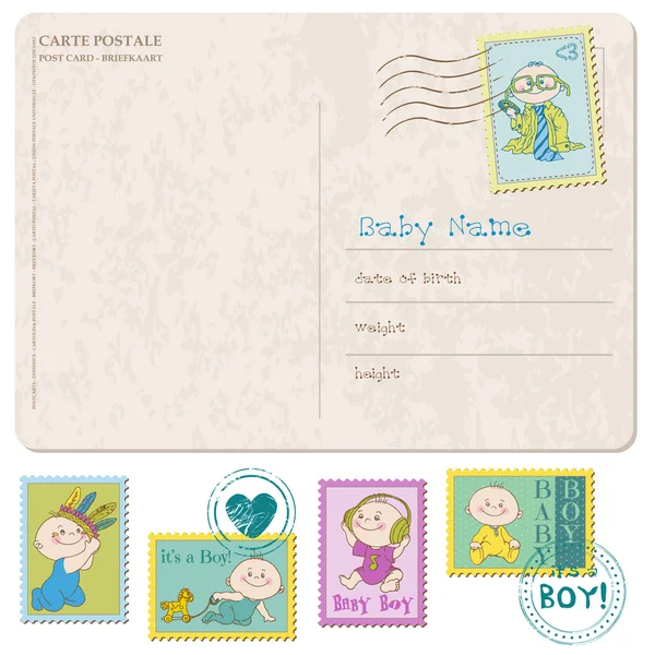 Baby Arrival Card with set of stamps - in vector — Stock Vector