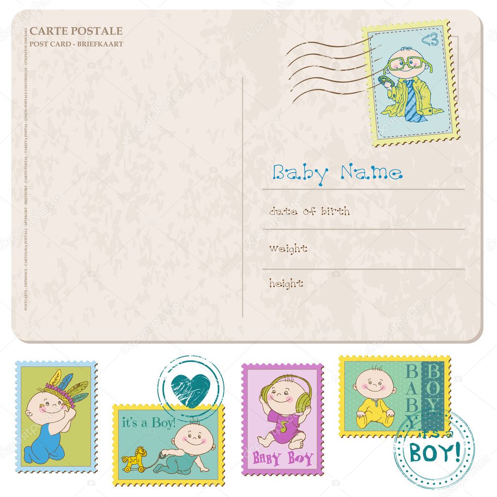 Baby Arrival Card with set of stamps - in vector