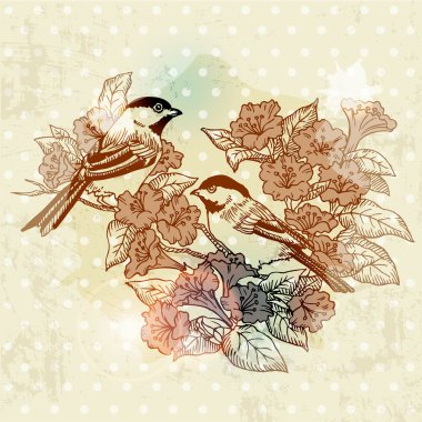 Vintage bahar kartı elle çizilmiş vektör içinde kuş ve çiçek-