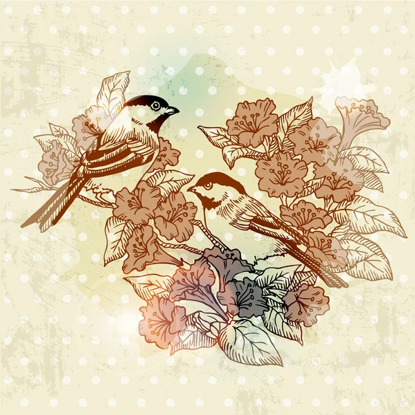 Vintage-Frühlingskarte mit Vogel und Blumen - handgezeichnet in Vektor — Stockvektor