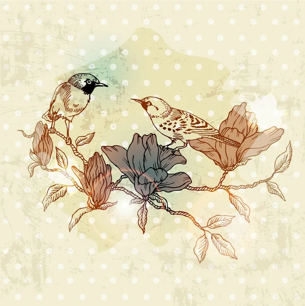 Vintage Spring Card con pájaro y flores - dibujado a mano en vector — Archivo Imágenes Vectoriales