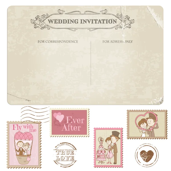 Cartão postal de casamento e selos de correio - para design de casamento em vetor — Vetor de Stock