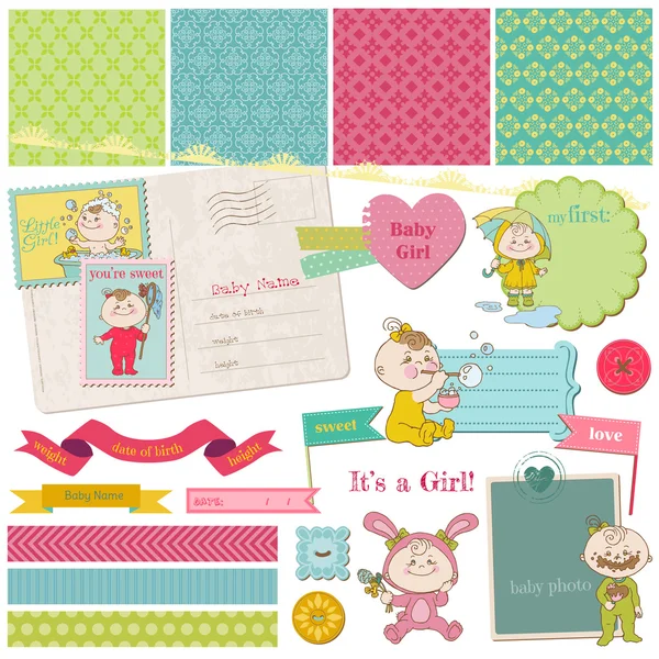 スクラップ ブック デザイン要素 - 赤ちゃんの少女シャワー セット - ベクトル — ストックベクタ