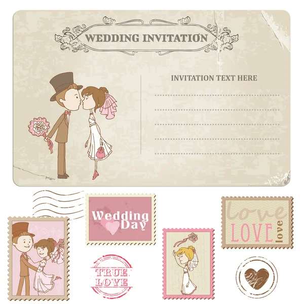 Cartolina di nozze e francobolli postali - per matrimoni — Vettoriale Stock