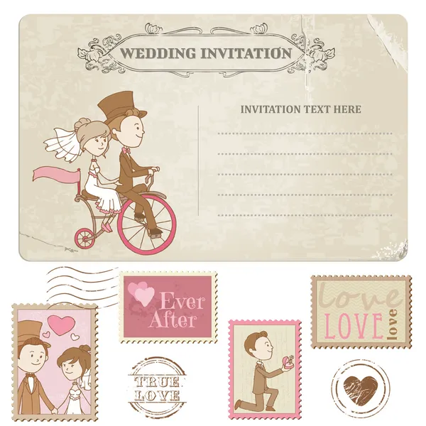 Свадебная открытка и почтовые марки - для свадебного оформления — стоковый вектор
