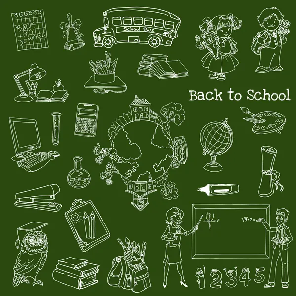 Volver a Doodles Escolares - Ilustración Vectorial Dibujada a Mano — Vector de stock