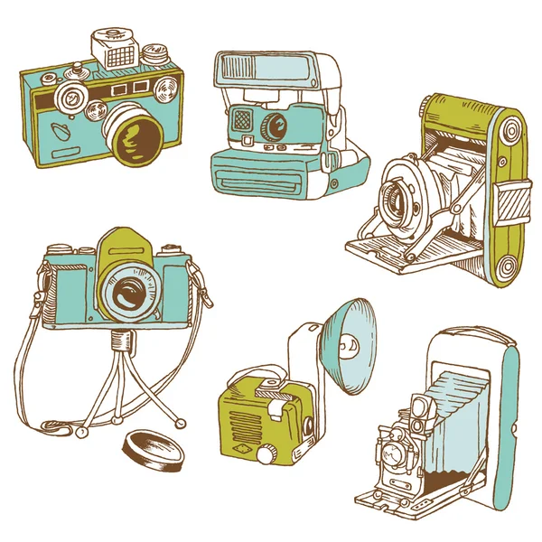Conjunto de cámaras de fotos - garabatos dibujados a mano en el vector — Vector de stock