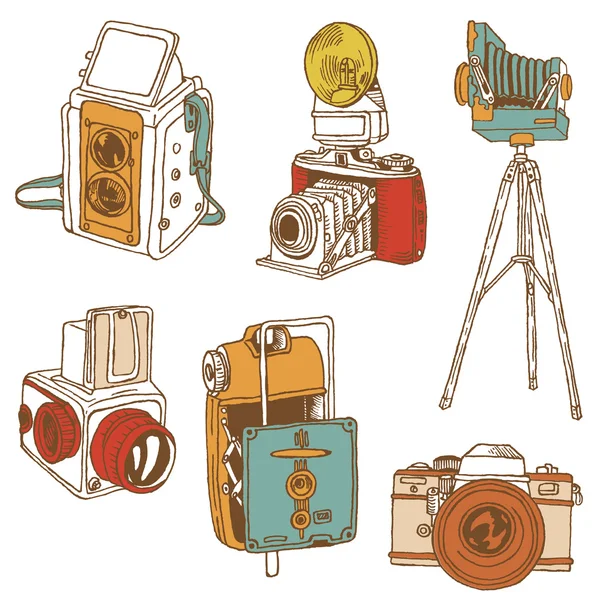 Fotokameras - handgezeichnete Doodles im Vektor — Stockvektor
