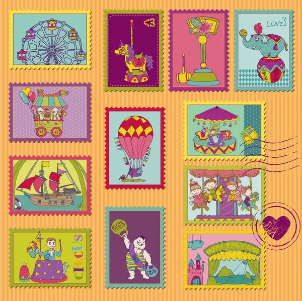 Komik sirk posta pulları - tasarım ve scrapbook - vect — Stok Vektör