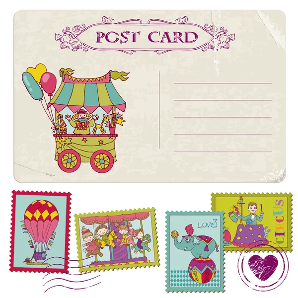复古派明信片和马戏团的邮票-矢量 — 图库矢量图片