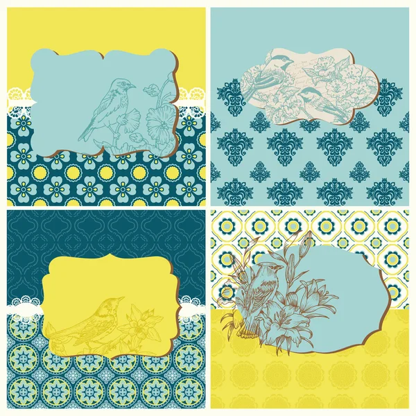 Set of Cards - Vintage Tiles and Birds- for design and scrapbook — Stock Vector