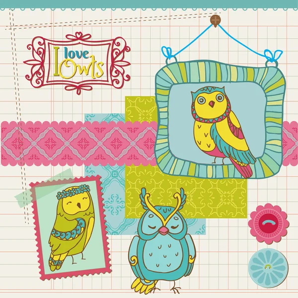 Scrapbook Design Elements - Colección Little Owls - dibujado a mano — Vector de stock