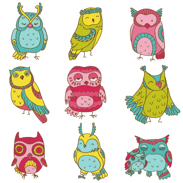 Collezione Various Owl Doodle - disegnata a mano - in vettore — Vettoriale Stock