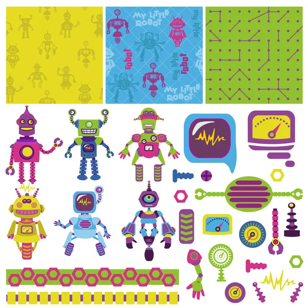 スクラップ ブック デザイン要素 - かわいい小さなロボットのコレクション — ストックベクタ