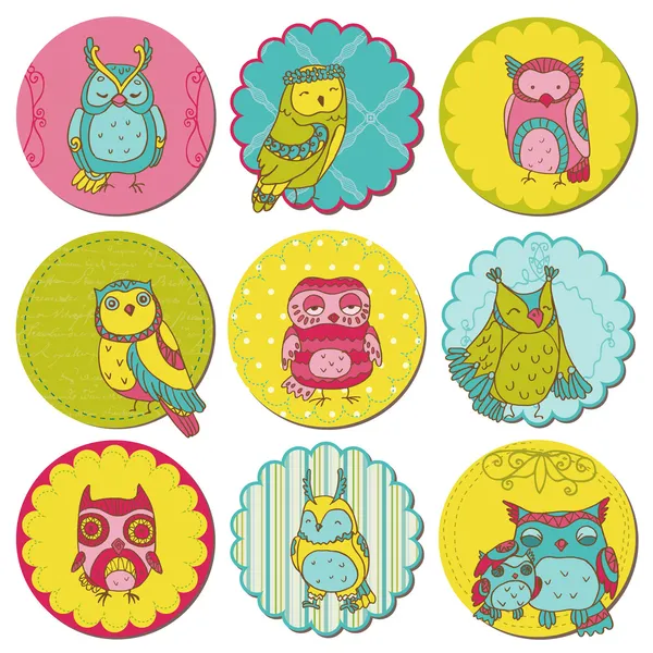 Scrapbook Design Elements - Tags with Cute Owls - in vector — Stock Vector