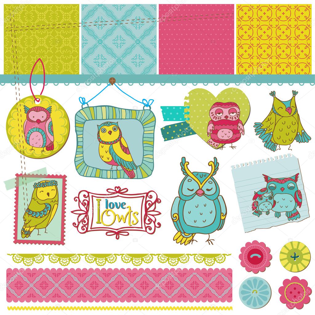 Scrapbook Design Elements - Little Owls Collection - hand drawn - in vector