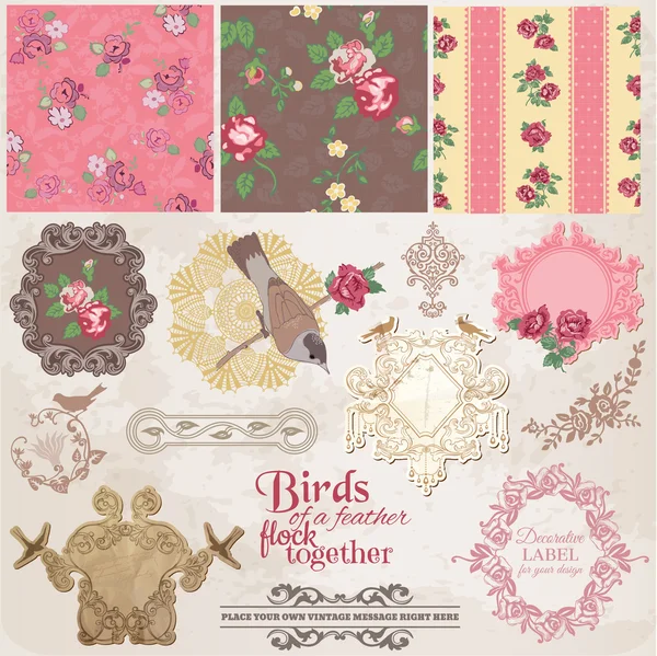 Элементы дизайна скрапбуков - винтажные цветы и птицы - в векторе — стоковый вектор