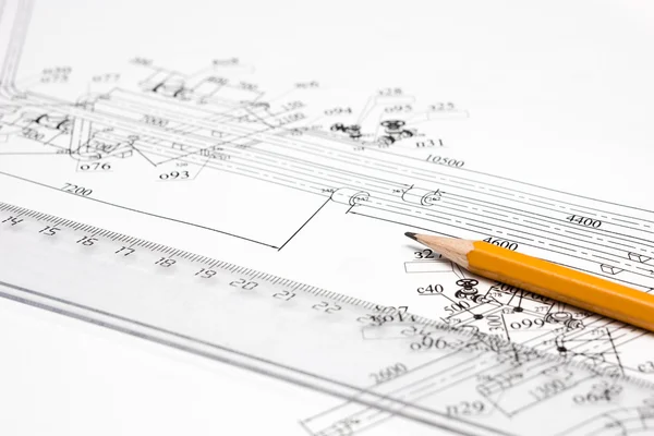 Pencil, ruler and drawing a close-up — Stock Photo, Image