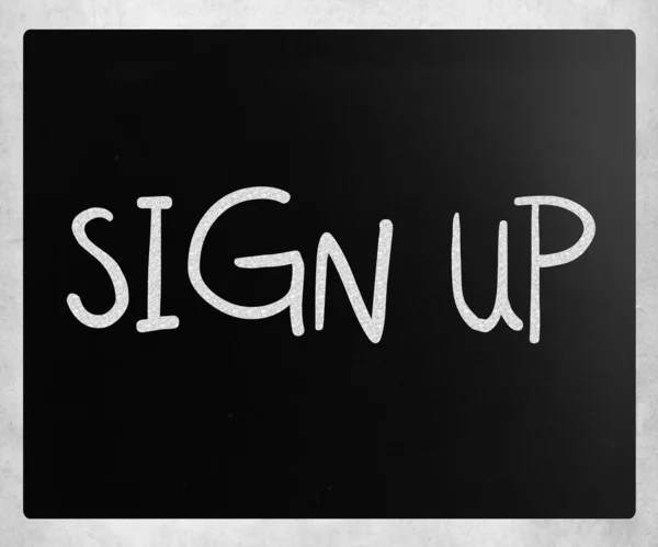 "Registrera dig "handskriven med vit krita på en svart tavla — Stockfoto