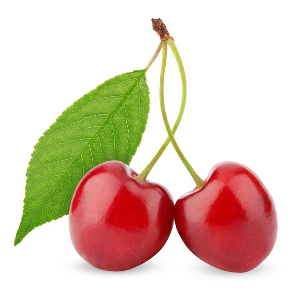 Two sweet cherries with leaf isolated on white — Stock Photo, Image
