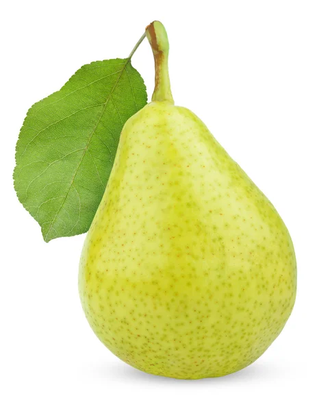 Frutto di pera giallo verde maturo con foglia — Foto Stock