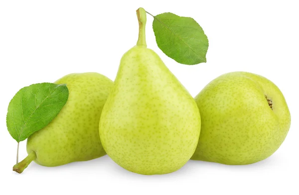 Groen geel peren met bladeren op wit — Stockfoto