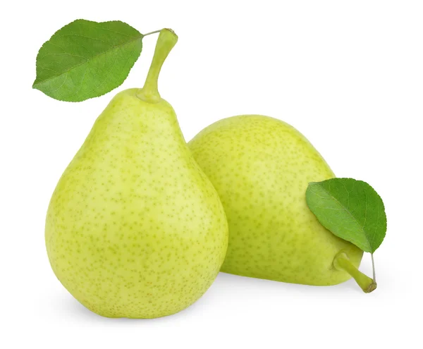 Green yellow pears with leaves on white — Stock Photo, Image