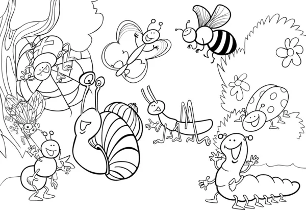 Insectos de dibujos animados en el prado para colorear — Vector de stock