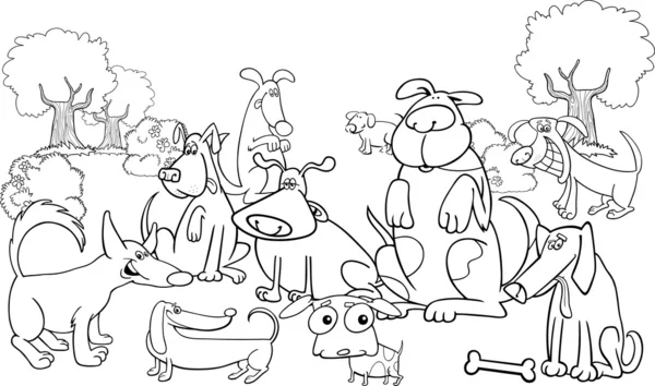 Cães de desenhos animados no prado para colorir —  Vetores de Stock