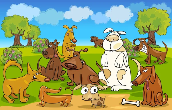 Perros de dibujos animados en el prado — Vector de stock