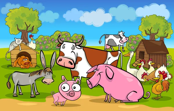 Cena rural de desenhos animados com animais de fazenda — Vetor de Stock