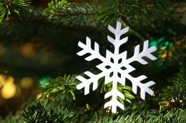 Bílá vločka čerstvý zelený vánoční stromeček — Stock fotografie