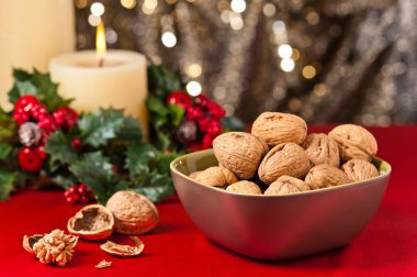 Bowl of walnuts in festive setting