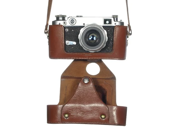 Classic vintage camera in a leather cover, isolated on white bac — Stock Photo, Image
