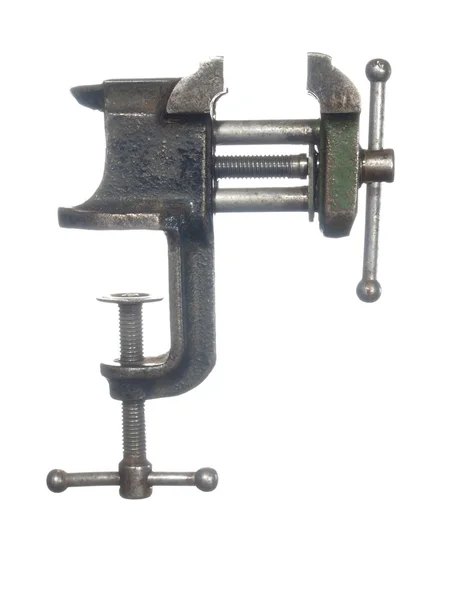 The old bench vise, isolated on a white background. — Stock Photo, Image