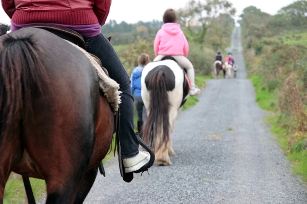 Pony trekking em uma estrada de campo Imagens Royalty-Free