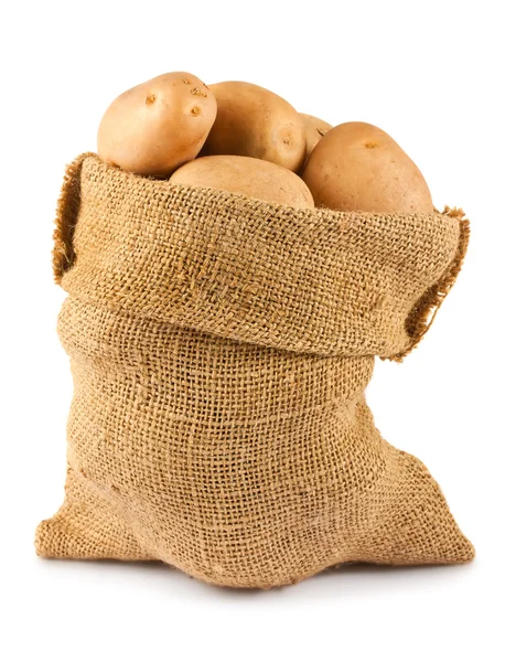Batatas maduras em saco de serapilheira — Fotografia de Stock