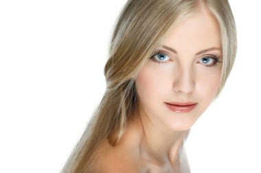 beyaz zemin üzerinde güzel mavi gözlü seksi whiteheaded genç kadın portre portre